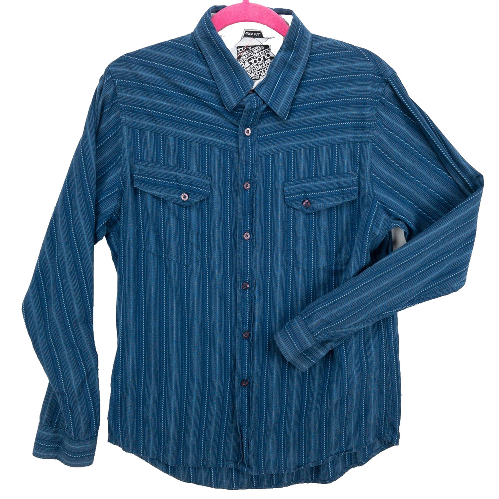 Billabong Factory Distressed Men's Medium Slim Fit Button-Up Shirt Blue Striped